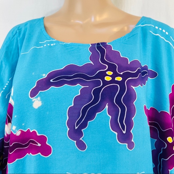 BOP caftan, Coverup, Lounge.    Rayon Aqua with fish  colorful. OS - Picture 4 of 7